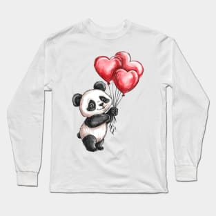 Valentine Panda Bear Holding Heart Shaped Balloons Long Sleeve T-Shirt